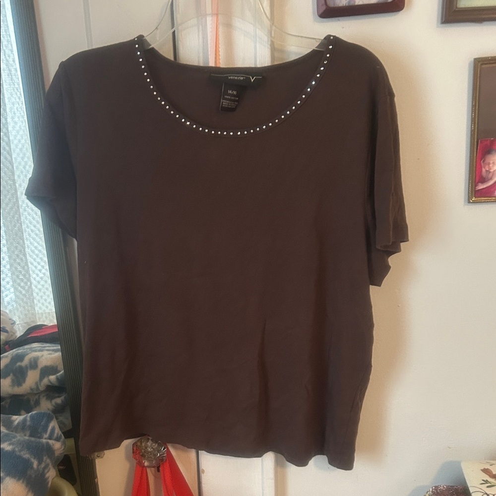 Venezia Brown Blouse with Studded Neckline